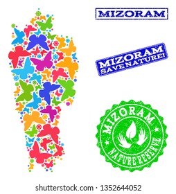 Eco friendly composition of bright mosaic map of Mizoram State and rubber seal stamps with Nature Reserve caption. Mosaic map of Mizoram State constructed with bright colored butterflies.