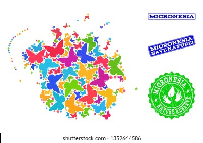 Eco friendly composition of bright mosaic map of Micronesia island and rubber stamps with Save Nature caption. Mosaic map of Micronesia island designed with bright colored butterflies.