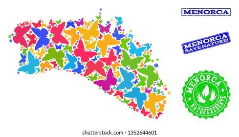 Eco friendly composition of bright mosaic map of Menorca Island and grunge seals with Save Nature caption. Mosaic map of Menorca Island constructed with bright colored butterflies.