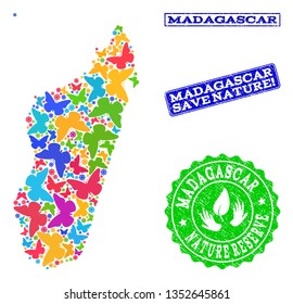 Eco friendly composition of bright mosaic map of Madagascar Island and rubber seal stamps with Save Nature caption. Mosaic map of Madagascar Island constructed with bright colored butterflies.