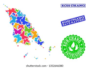 Eco friendly composition of bright mosaic map of Koh Chang and dirty seals with Nature Reserve caption. Mosaic map of Koh Chang constructed with bright colored butterflies.
