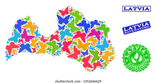 Eco friendly composition of bright mosaic map of Latvia and rubber seals with Nature Reserve caption. Mosaic map of Latvia constructed with bright colored butterflies.