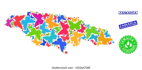Eco friendly composition of bright mosaic map of Jamaica and rubber seals with Save Nature text. Mosaic map of Jamaica constructed with bright colored butterflies.