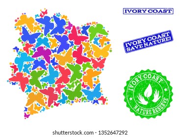 Eco friendly composition of bright mosaic map of Ivory Coast and unclean seal stamps with Save Nature text. Mosaic map of Ivory Coast designed with bright colored butterflies.