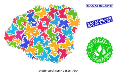 Eco friendly composition of bright mosaic map of Kauai Island and unclean seals with Save Nature text. Mosaic map of Kauai Island designed with bright colored butterflies.
