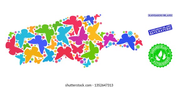 Eco friendly composition of bright mosaic map of Kangaroo Island and rubber stamps with Save Nature text. Mosaic map of Kangaroo Island constructed with bright colored butterflies.