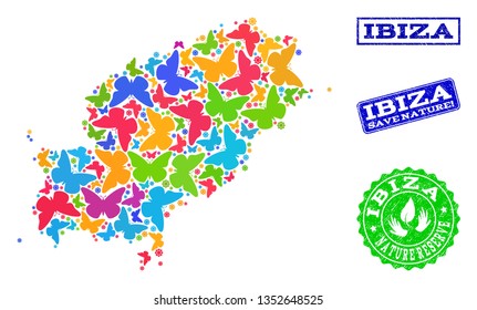 Eco friendly composition of bright mosaic map of Ibiza Island and rubber stamps with Save Nature text. Mosaic map of Ibiza Island constructed with bright colored butterflies.
