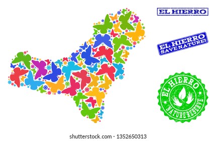 Eco friendly composition of bright mosaic map of El Hierro Island and unclean seals with Save Nature caption. Mosaic map of El Hierro Island designed with bright colored butterflies.