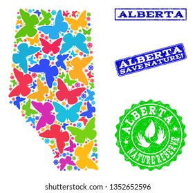 Eco friendly composition of bright mosaic map of Alberta Province and corroded seals with Nature Reserve text. Mosaic map of Alberta Province designed with colorful butterflies.