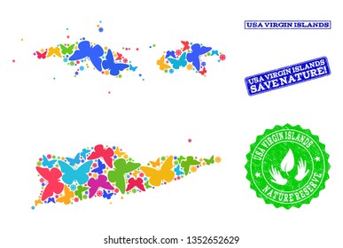Eco friendly composition of bright mosaic map of American Virgin Islands and scratched seals with Save Nature text. Mosaic map of American Virgin Islands constructed with bright colored butterflies.