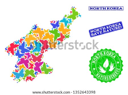 Eco friendly composition of bright mosaic map of North Korea and rubber stamps with Nature Reserve caption. Mosaic map of North Korea constructed with bright colored butterflies.