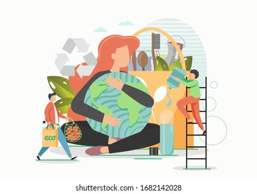 Eco friendly composition with happy woman hugging green planet Earth globe, vector flat style design illustration. Save planet, environment conservation, life without plastic, eco lifestyle.