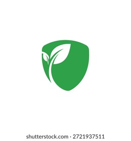 Concepto respetuoso del medio ambiente, forma de escudo abstracto con hojas verdes, protección natural, emblema orgánico, símbolo de seguridad ambiental