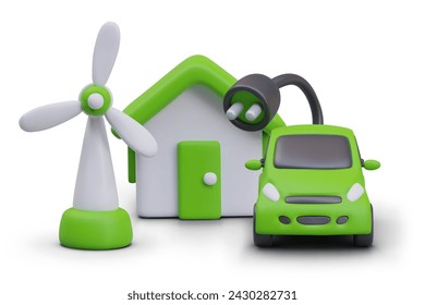 Eco friendly concept. Alternative green energy. Wind turbine, house with green roof, electric car