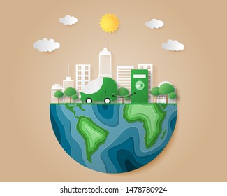 Eco friendly concept. Eco car in the city on earth in paper cut style. Vector illustration design for backdrop, poster, banner, wallpaper.