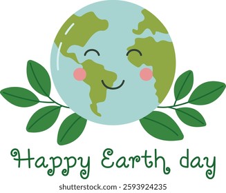 Eco friendly concept for card or banner Happy Earth day.  Illustration with cute planet Earth and green leaves around