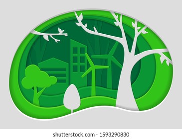 Eco friendly concept with city and nature. Paper cut style vector illustration