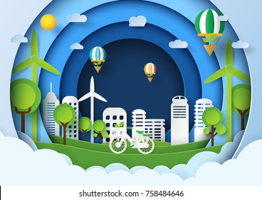 Eco friendly concept design.Paper art style of renewable energy and environment conservation.Vector illustration.