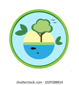Eco friendly concept. Ecological sustainable development. Tree growing near the lake with fish. Green lifestyle. Organic label. Save the Earth day.Planet and nature symbol. Environment protection