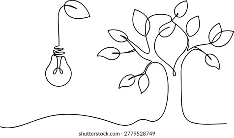 Eco friendly concept featuring tree branches merging with lightbulb icon. Vector one line art for ecology themes.