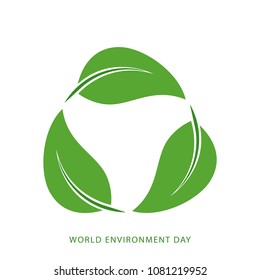 Eco friendly concept with green leaves. World Environment Day, June 5. Ecology, environment, nature protection concept. Template for banner, poster, leaflet. Vector illustration