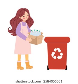 Eco friendly concept. Illustration of young girl holding recycling box. Hand drawn vector illustration