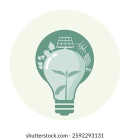 Eco Friendly Concept. Light bulb symbolizing renewable energy, sustainability, and environmental innovation. Includes solar panels, wind turbines, greenery.