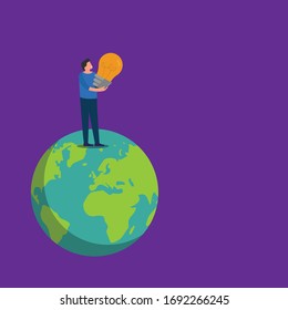 eco friendly concept - man with bulb on earth planet.Conceptual vector illustration in flat style design.Isolated on background.