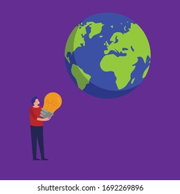 umweltfreundliches Konzept - Mensch mit Glühbirne betrachtet den Planeten Erde.Konzeptionelle Vektorillustration im flachen Design.Einzeln auf dem Hintergrund.