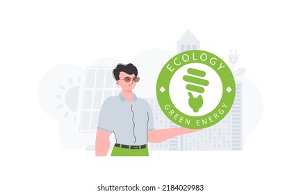 ECO friendly concept. A man holds the ECO logo in his hands. Fashionable, trendy style. Vector.