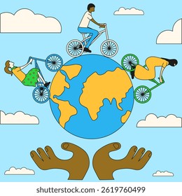 Eco Friendly concept. Perfect Eco vector illustration. People different races on bicycles. EPS10