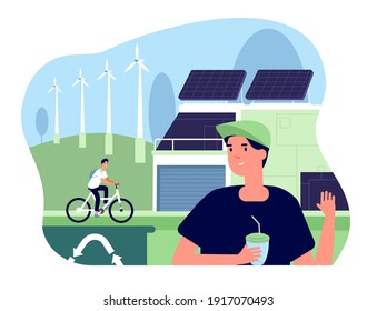 Eco friendly concept. Saving household, green energy house. Flat modern building, person save planet and environment utter vector illustration