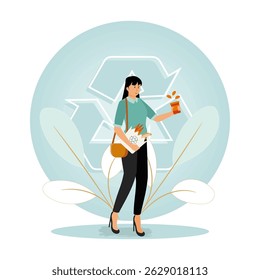 Eco Friendly concept. Woman with long haired holding reusable coffee cup and eco bag enjoying morning.