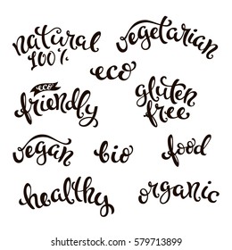 Eco friendly conceptual handwritten phrases for banners, posters, labels, advertisement. Vector illustration.