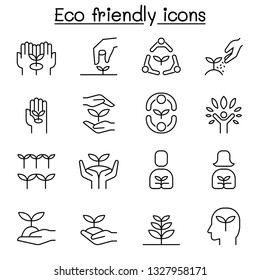 Eco friendly, conservation, saving nature, ecology, environment icon set in thin line style