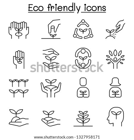 Eco friendly, conservation, saving nature, ecology, environment icon set in thin line style