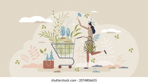 Eco friendly consumer with sustainable shopping habits tiny person concept. Environmental care with reusable and green product choices vector illustration. Buy responsible and ecological groceries.