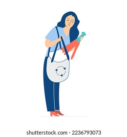 Eco friendly consumer with sustainable shopping habits. Woman puts loose vegetables in bag vector illustration