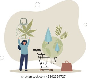 Eco friendly consumer with sustainable shopping habits .Environmental care with reusable and green product choices .flat vector illustration.