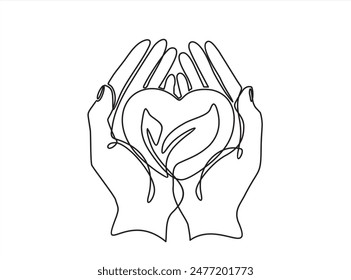 Eco friendly. Continuous one line drawing of Two Hands holding Leaves Leaf  in heart. Black and white. White background. Line drawing.
