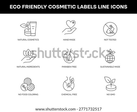 Eco Friendly Cosmetic Labels Line Icons Set – Natural Organic Product Symbols