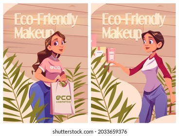 Eco friendly cosmetics cartoon ads posters. Women in beauty store choose makeup or skincare production, girl holding bag with makeup in shop with cosmetic products on shelves, Vector illustration