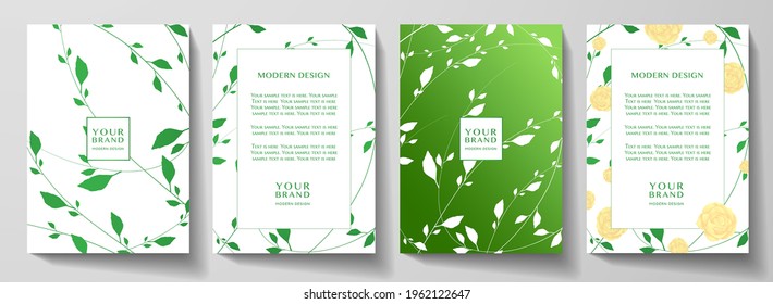Eco friendly cover, frame design set with green leaf (branch), tea rose flower pattern. Natural spring vector background for wedding, menu, summer holiday poster, catalog template