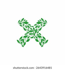 Eco friendly cross mark icon made from full of green leaves in shape form of x symbol