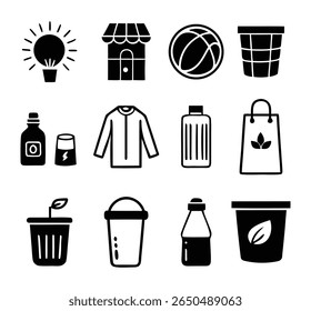 Eco Friendly Daily Essentials Icon Pack, Zero Waste Minimal Vector Set, Sustainable Living Black Icon Bundle, Organic, Reusable, Recyclable Symbols