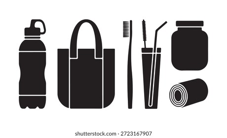 eco friendly daily use black silhouette icons set for sustainable lifestyle