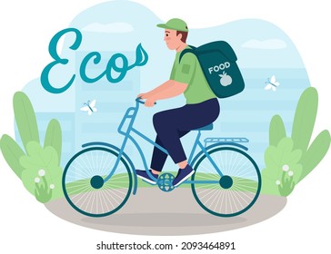 Eco friendly delivery 2D vector isolated illustration. Sustainable service. Courier on bicycle flat character on cartoon background. Alternative sustainable shipment colourful scene
