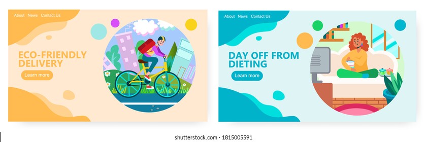 Eco friendly delivery by bicycle. Delivery guy in urban city landscape. Weekend at home concept illustration. Vector web site design template. Woman eating sweets and watch TV