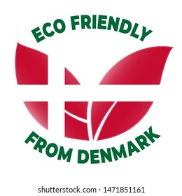 Eco friendly from Denmark badge. Flag in leaves shape. Vector illustration EPS10.