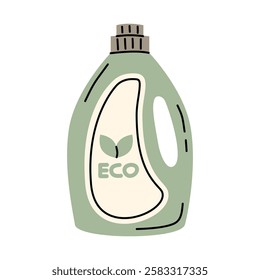 Eco friendly detergent bottle vector illustration. Green biodegradable laundry liquid container with an eco label. Sustainable cleaning product packaging vector icon. Organic detergent vector icon.